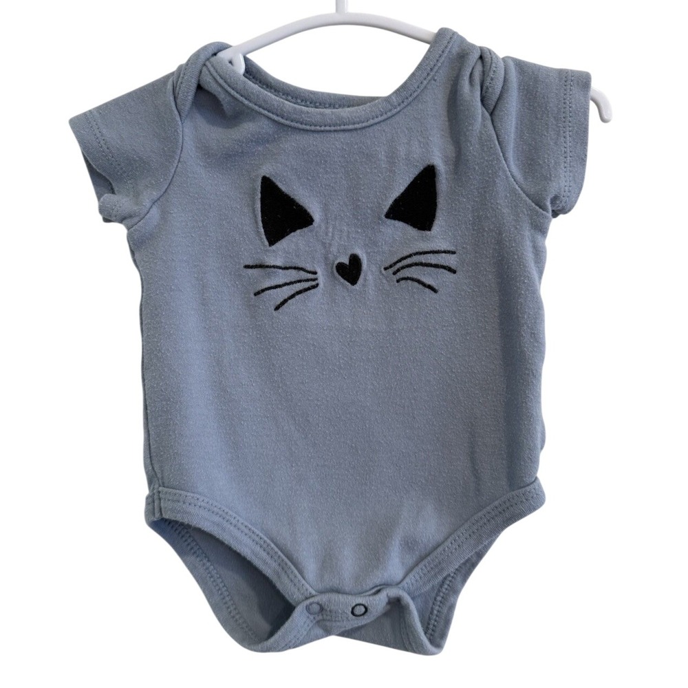 Jessica Simpson Baby Girl Blue Cat Face Bodysuit Short‎ Sleeve Infant 3-6 Months